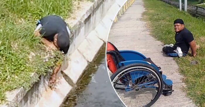  Heartbreaking scene: this disabled man getting out of his wheelchair to help the kitten