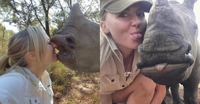  The little rhino gets close to one of the shelter workers who takes care of him