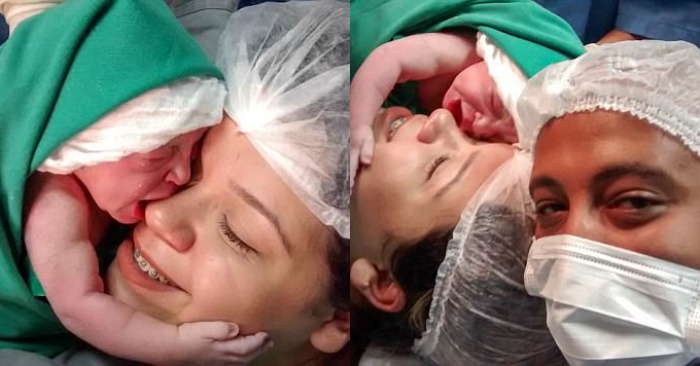  Incredibly touching moment: a newborn cute girl hugs her mother’s face