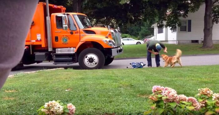  This man caught on camera the moment his dog and the garbage collector had an exciting encounter
