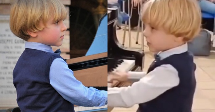  An amazing performance: a 5-year-old boy went on stage and sat down at the piano, playing Mozart